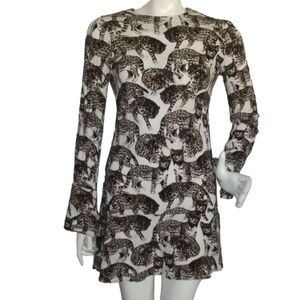 H&M Mini Dress, 4, Wild Cats, White/Brown, Long sleeves, big keyhole back